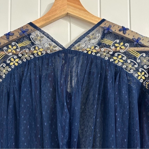 Free People Blue Embroidered Tulle Long Sleeve Top - Picture 7 of 9